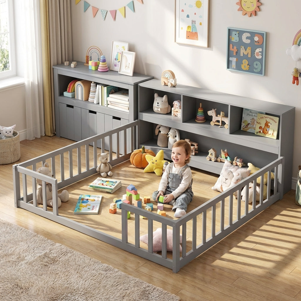 Montessori Twin Floor Bed and Kids Toy Storage Cabinet Bundle, Gray Toddler Beds at Gallery Canada
