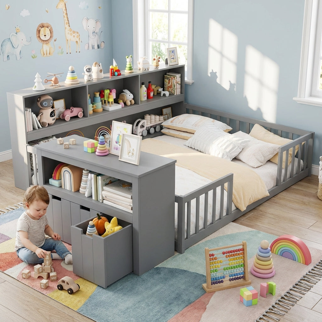 Montessori Twin Floor Bed and Kids Toy Storage Cabinet Bundle, Gray Toddler Beds at Gallery Canada