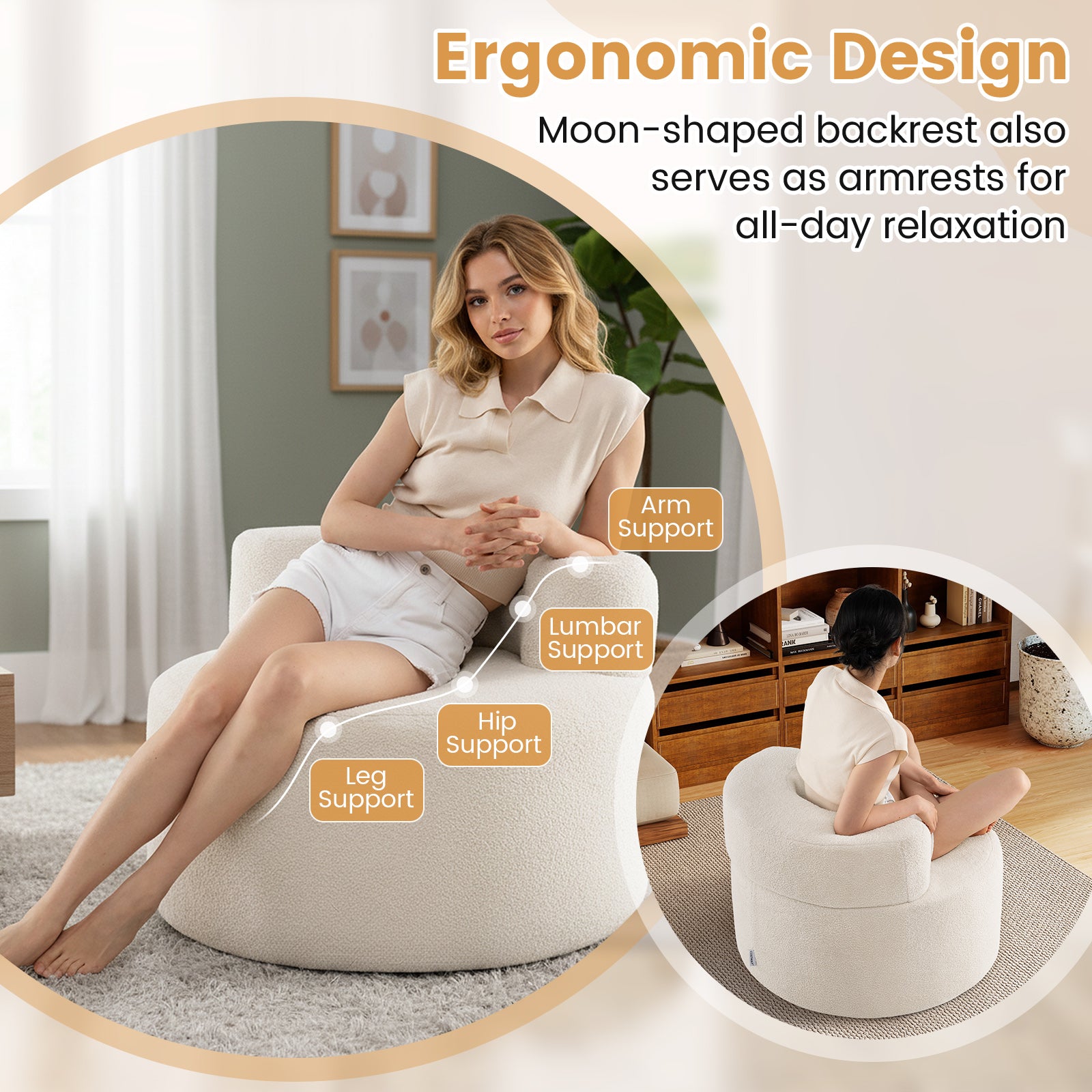 Moon-Shaped Floor Single Sofa Chair with Soft Teddy Fleece, Beige Sofas & Loveseats at Gallery Canada