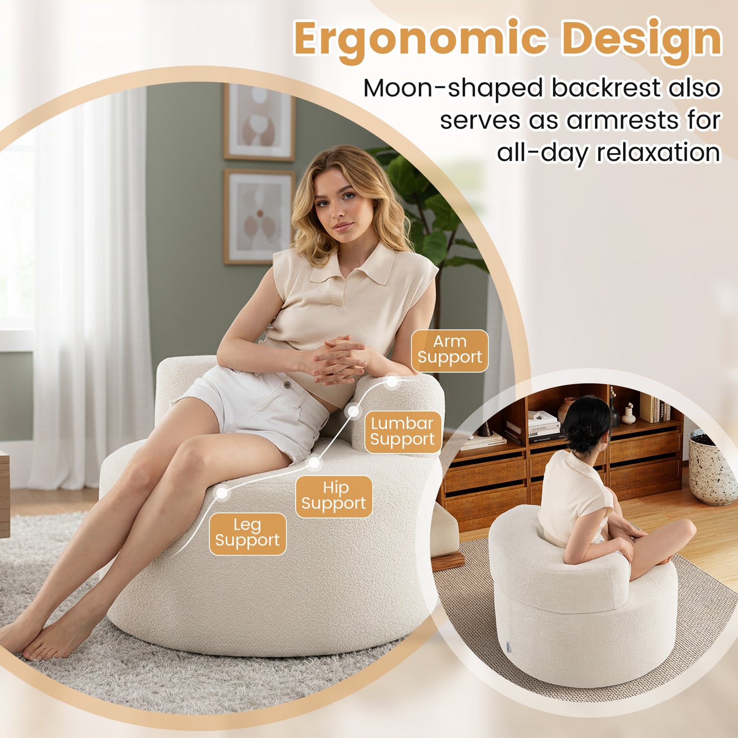 Moon-Shaped Floor Single Sofa Chair with Soft Teddy Fleece, Beige Sofas & Loveseats at Gallery Canada