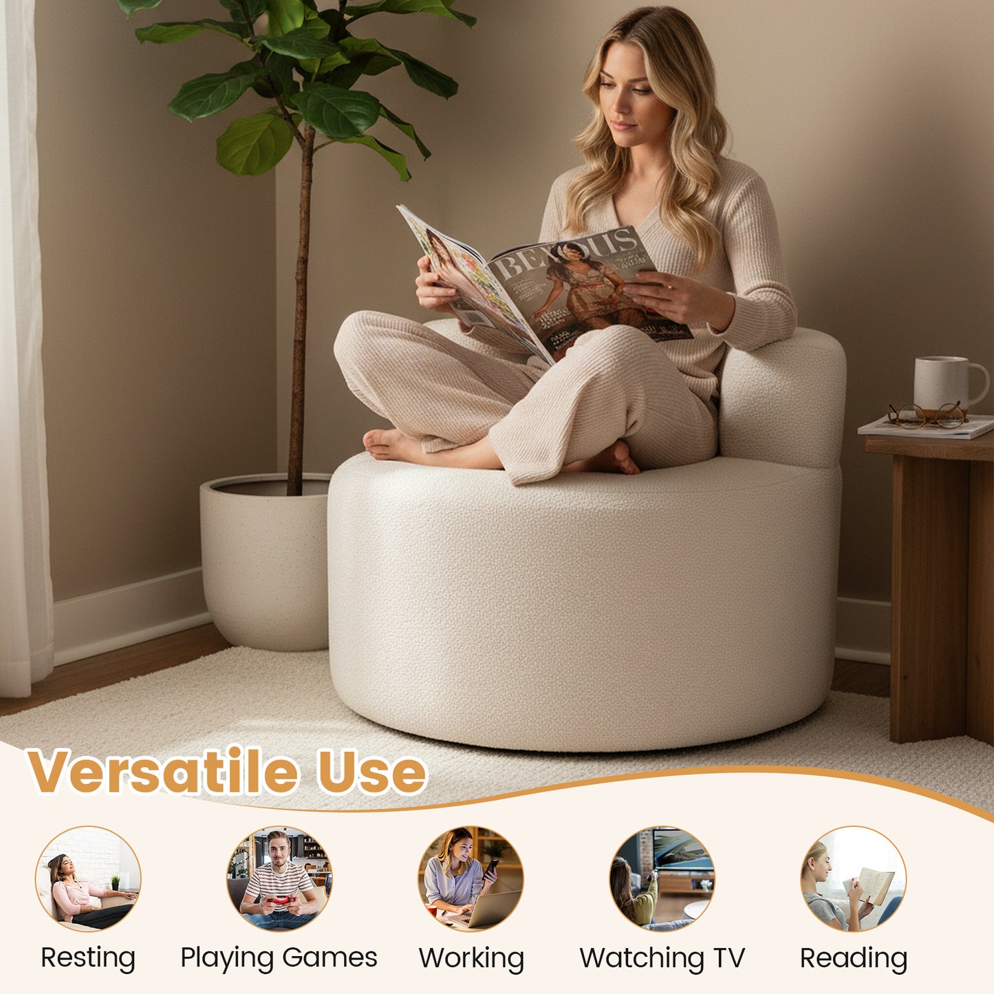 Moon-Shaped Floor Single Sofa Chair with Soft Teddy Fleece, Beige Sofas & Loveseats at Gallery Canada