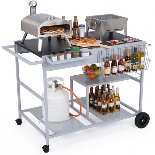 Movable Grill Table With 2 Spice Containers, Black