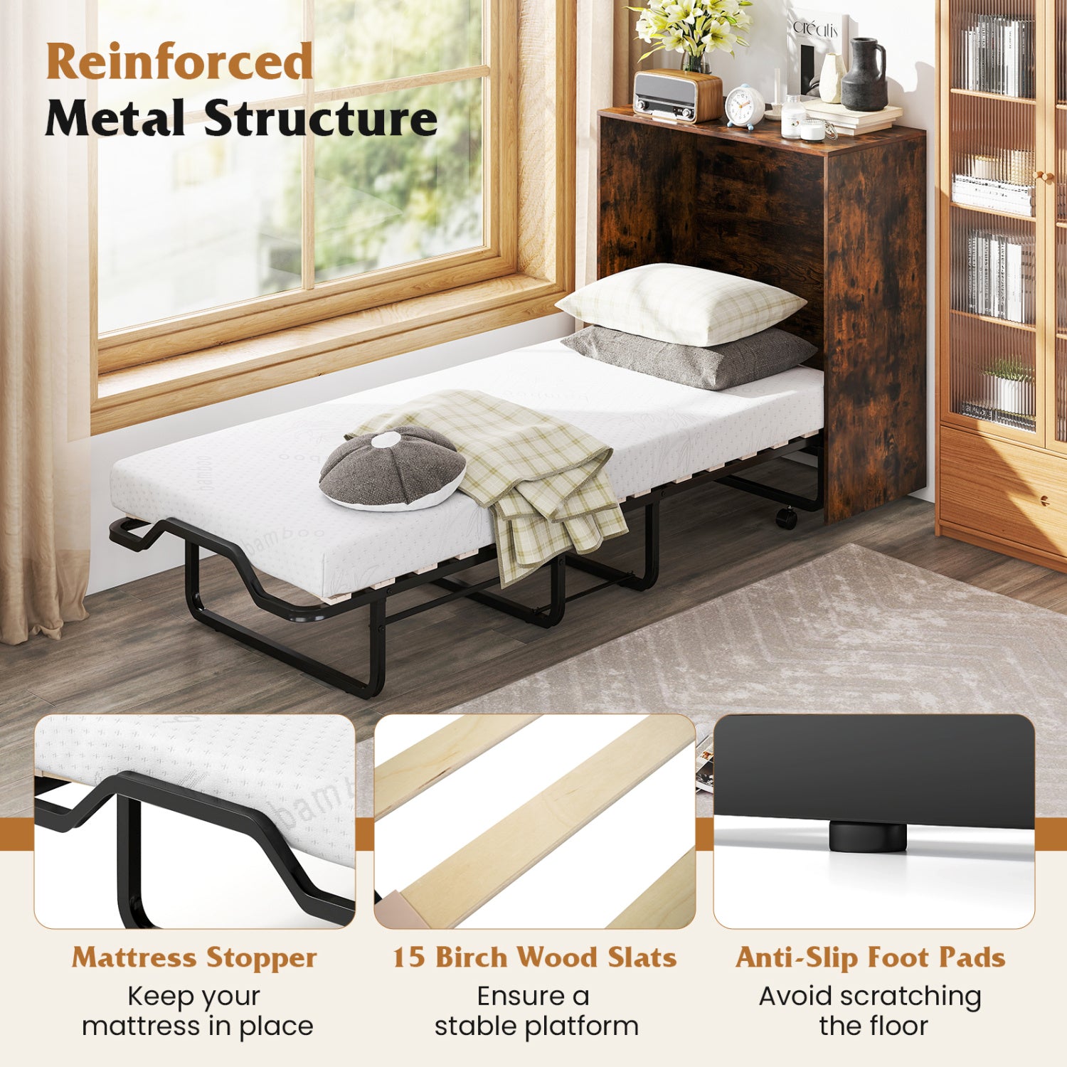 Movable Murphy Bed With Wheels, Foldable Cot With Mattress, Brown Folding Beds at Gallery Canada