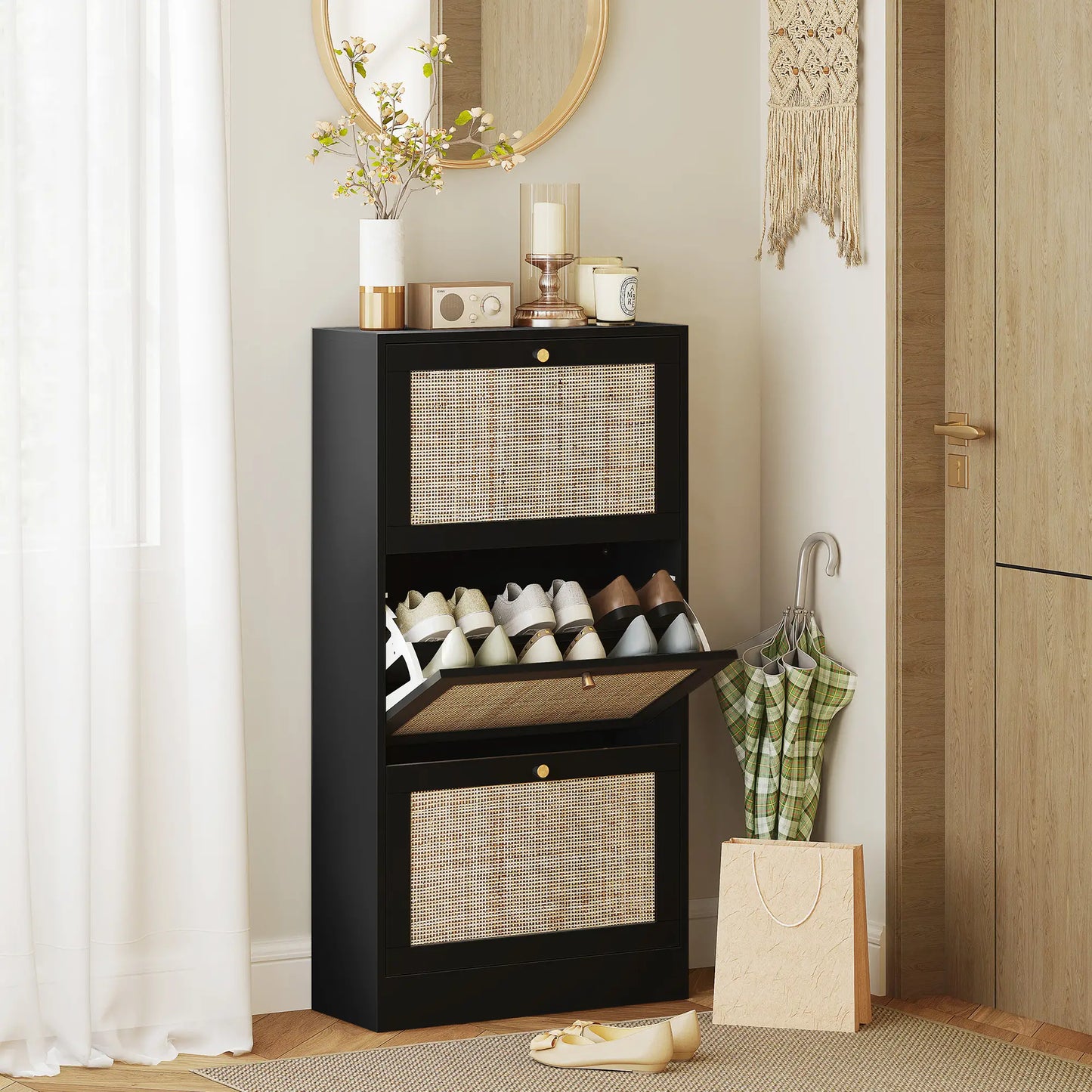 Rattan Shoe Storage Cabinet, 3 Flip Drawers, Adjustable Shelves, 18 Pairs, Black Shoe Storage Cabinets & Racks at Gallery Canada