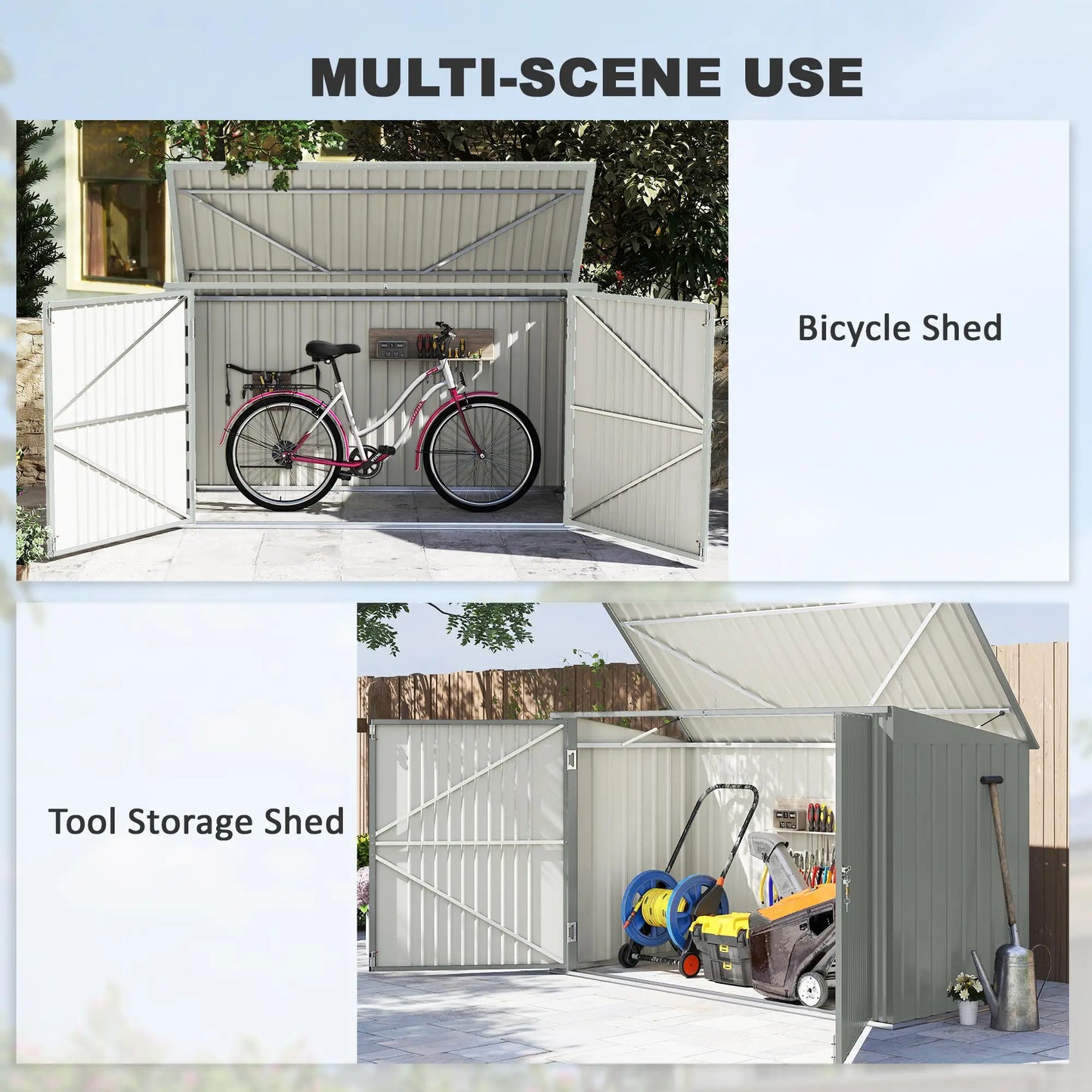 7.6 x 3.4ft Storage Shed, 3 Bin Organizer, Lockable Doors, Silver Grey
