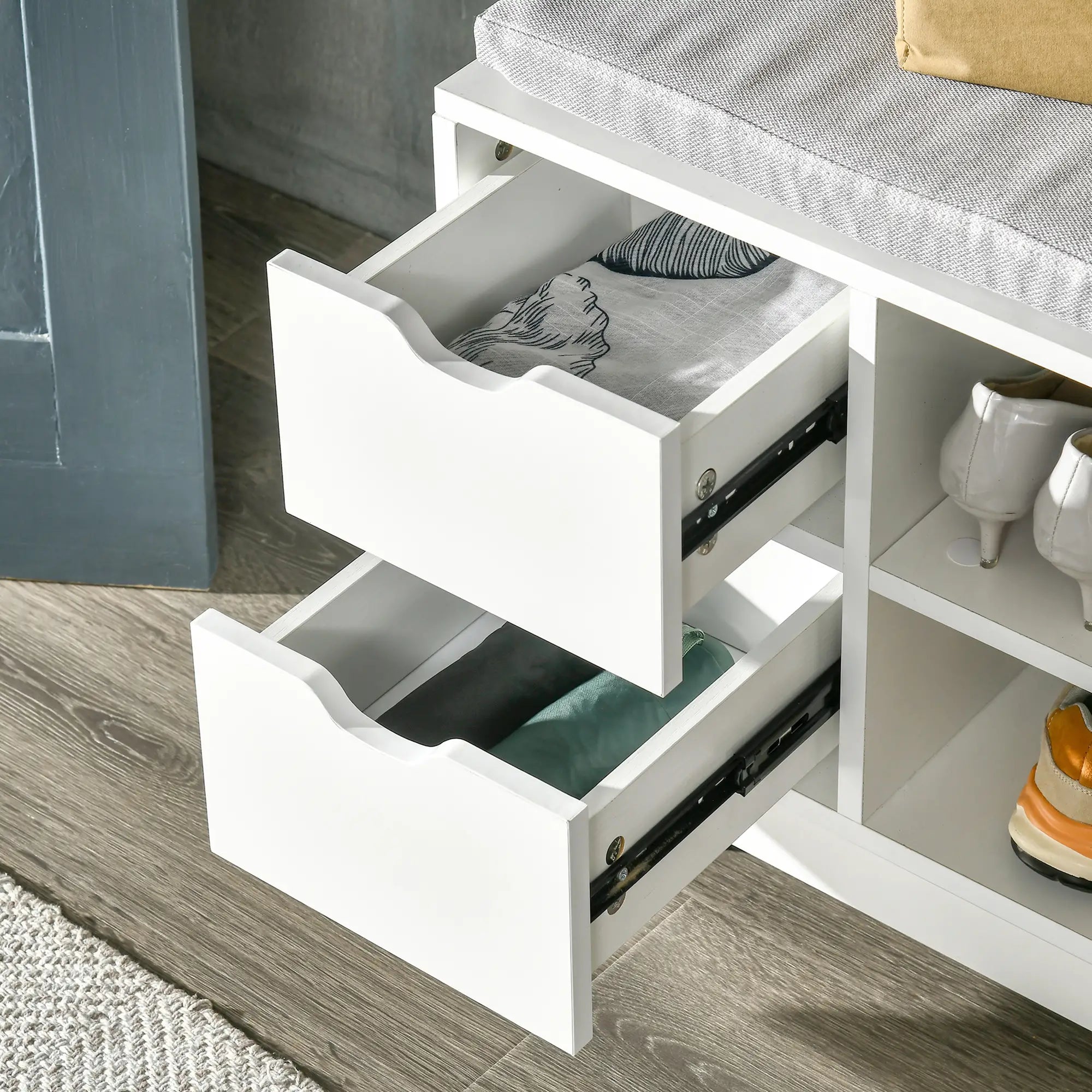 Upholstered Shoe Storage Bench With Seat, Drawer, Open Shelves, White Shoe Storage Cabinets & Racks at Gallery Canada