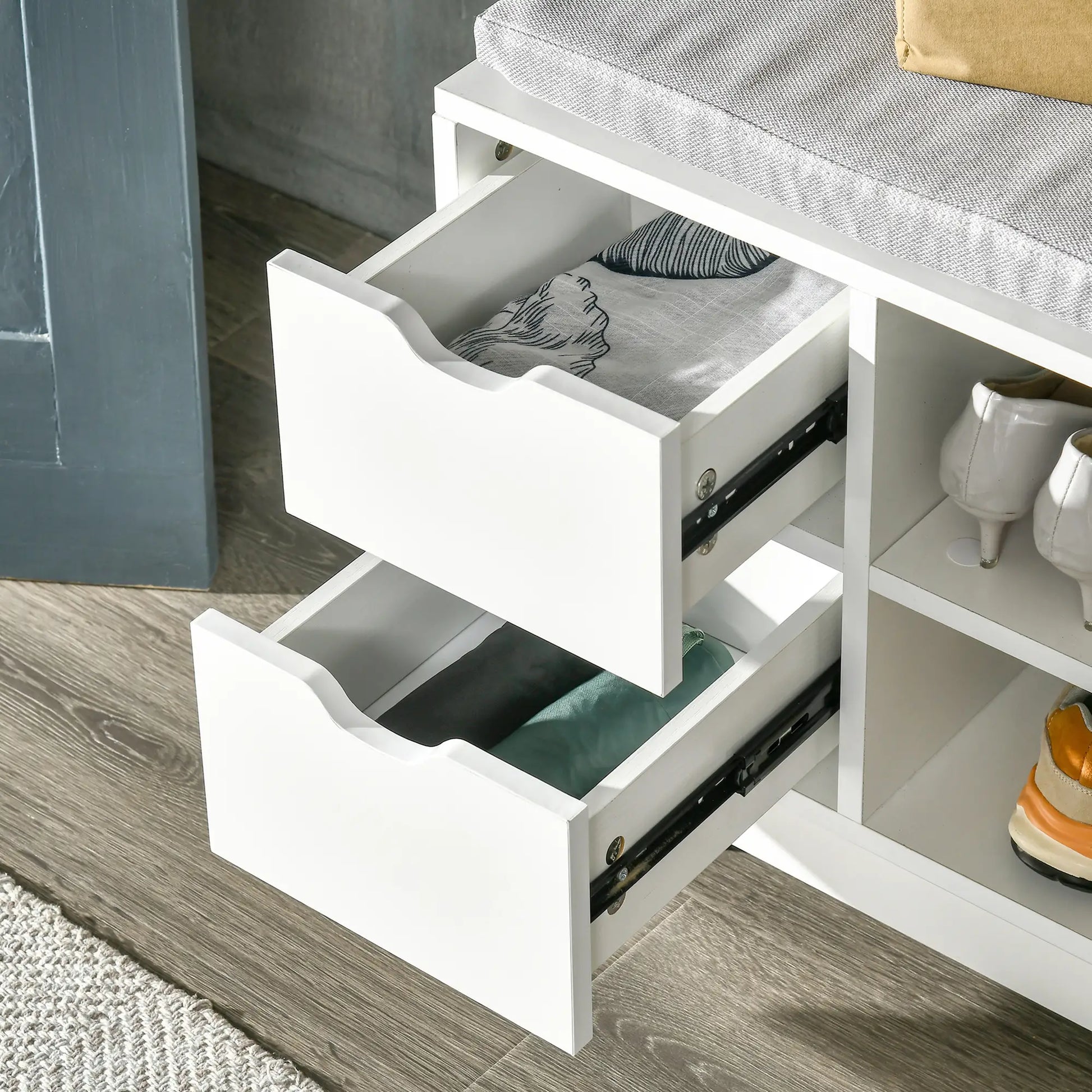 Upholstered Shoe Storage Bench With Seat, Drawer, Open Shelves, White Shoe Storage Cabinets & Racks at Gallery Canada