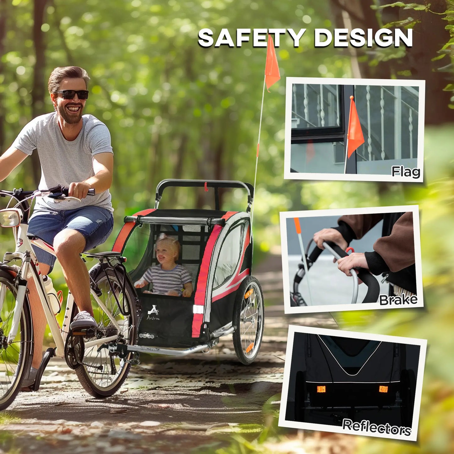 2 Seat Bike Trailer, Double Jogging Stroller, Handbrake, Red Kids Bike Trailers at Gallery Canada