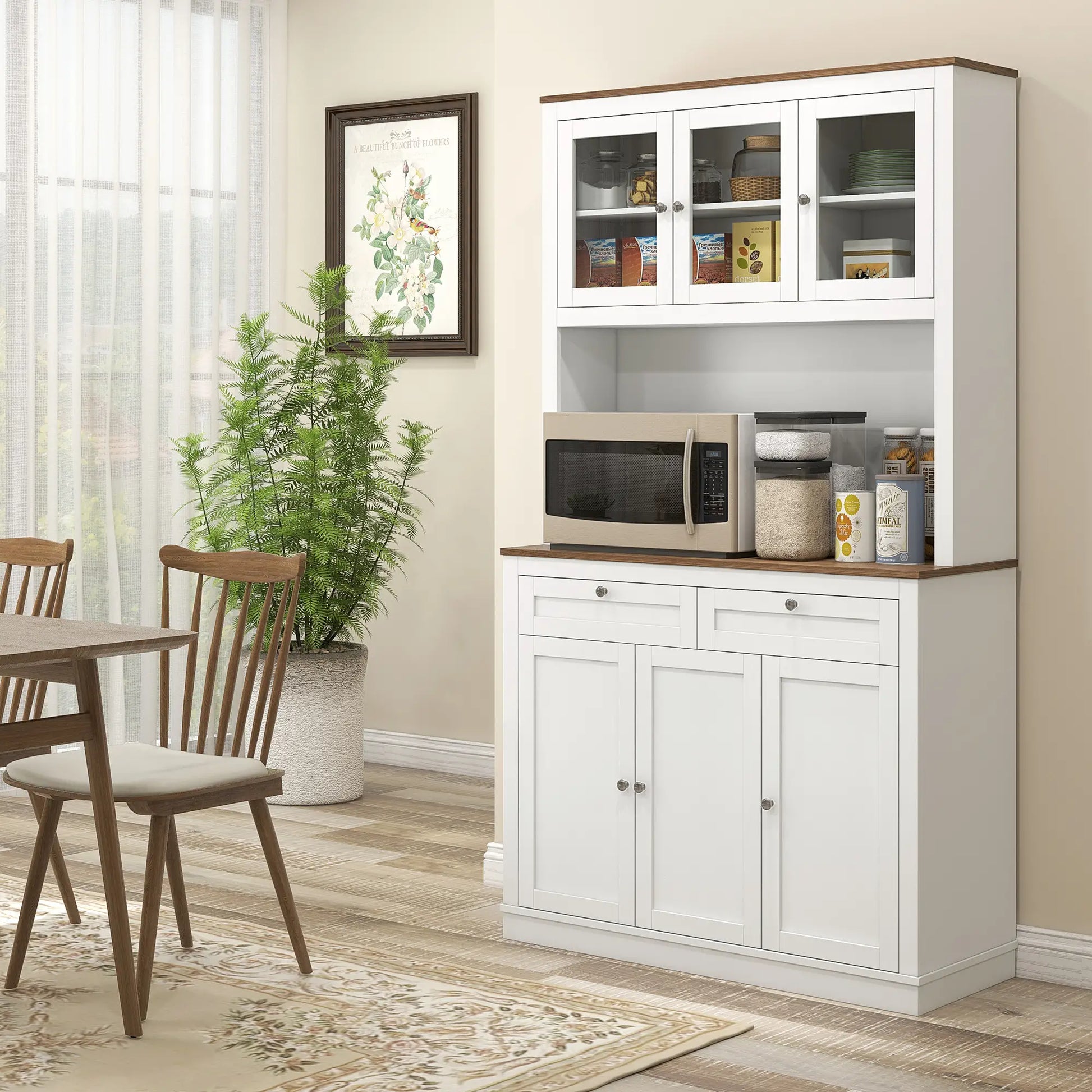 71" Pantry Cabinet with Microwave Space, Buffet Hutch, 2 Drawers, Adjustable Shelves, White Kitchen Pantry Cabinets at Gallery Canada