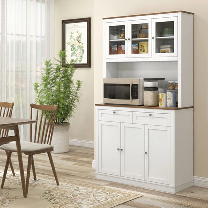 71" Pantry Cabinet with Microwave Space, Buffet Hutch, 2 Drawers, Adjustable Shelves, White Kitchen Pantry Cabinets at Gallery Canada