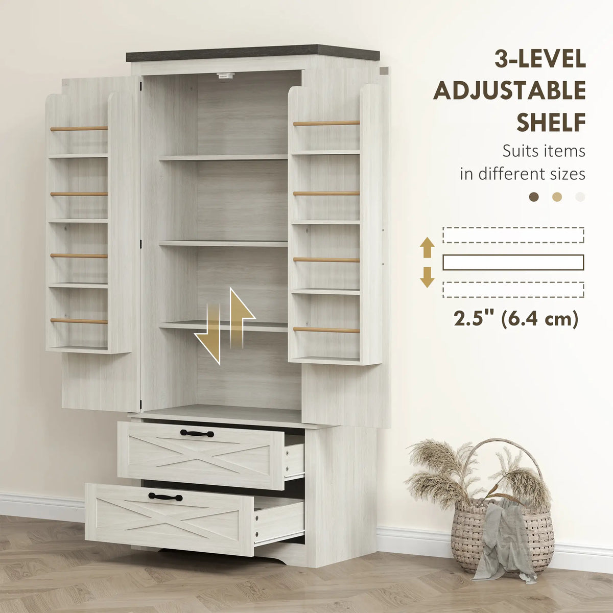 Farmhouse Kitchen Pantry, 64" Freestanding, Distressed, White Kitchen Pantry Cabinets at Gallery Canada