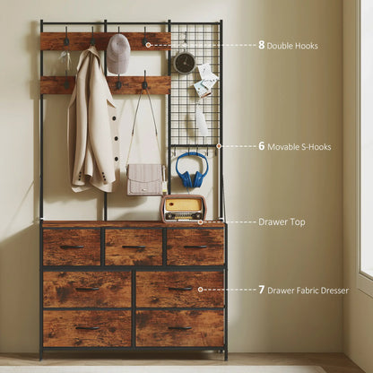 4-In-1 Coat Rack, 7 Drawer Fabric Dresser, Hall Tree 14 Hooks, Rustic Brown Clothing Storage at Gallery Canada