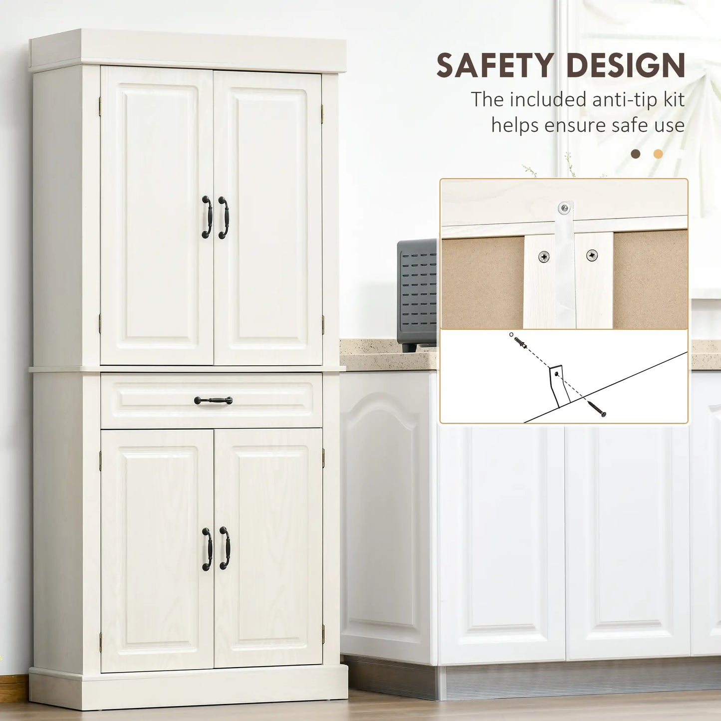 71" Freestanding Kitchen Pantry, 4 Doors 2 Cabinets, Distressed White, White