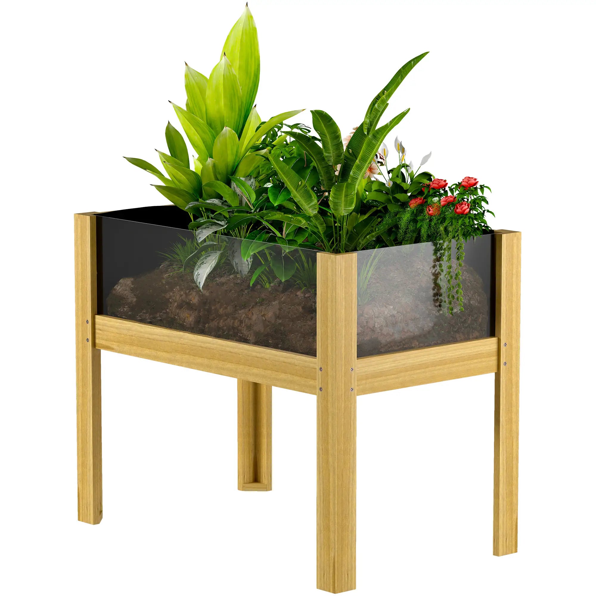 Wooden Raised Garden Bed, Acrylic Panels, Drainage Holes, 29.5