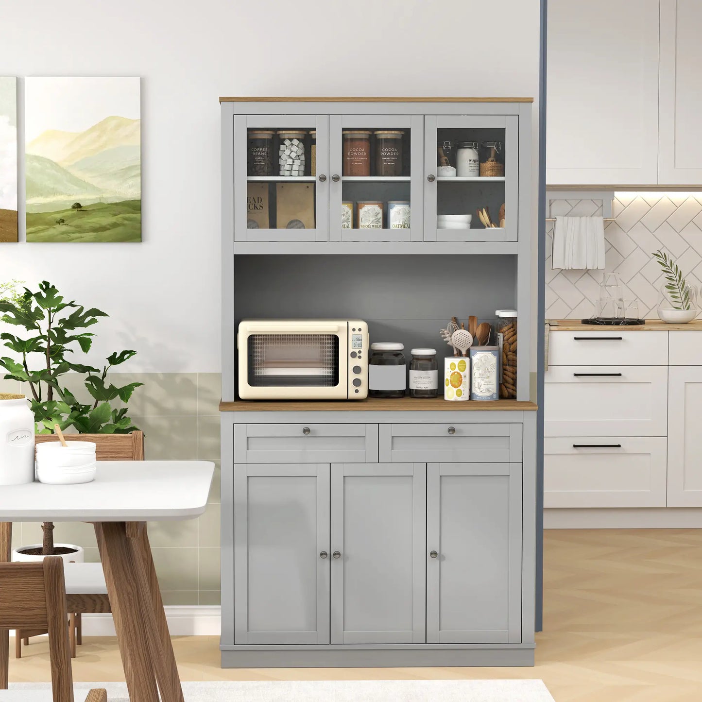 71" Pantry Cabinet with Microwave Space, 2 Drawers, Adjustable Shelves, Grey Kitchen Pantry Cabinets at Gallery Canada