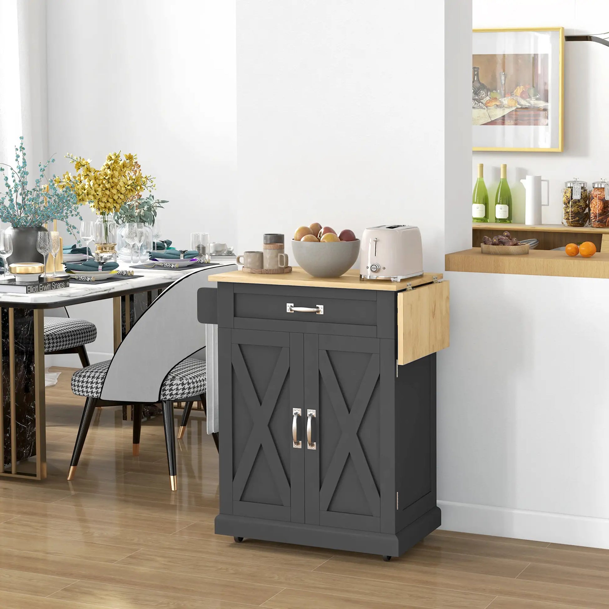 Foldable Kitchen Island with Storage Drawer, Farmhouse Rolling Utility Cart on Wheels with Drop-Leaf Wood Top, Black Kitchen Islands & Kitchen Carts at Gallery Canada