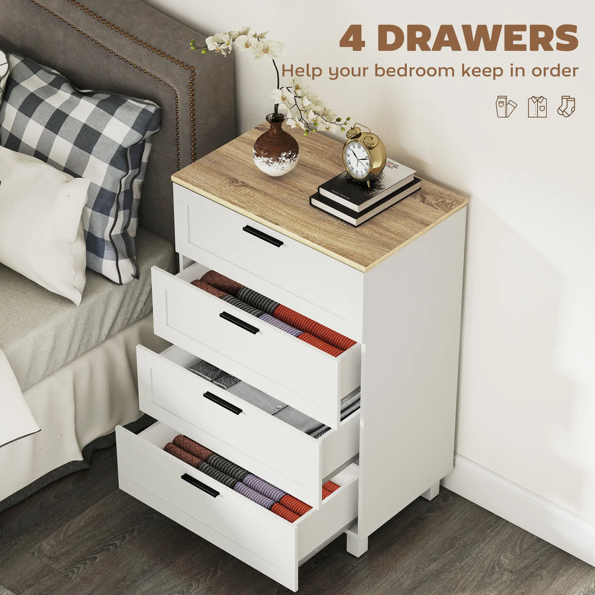 4 Drawer Dresser, Solid Wood Legs, White Storage Cabinets at Gallery Canada