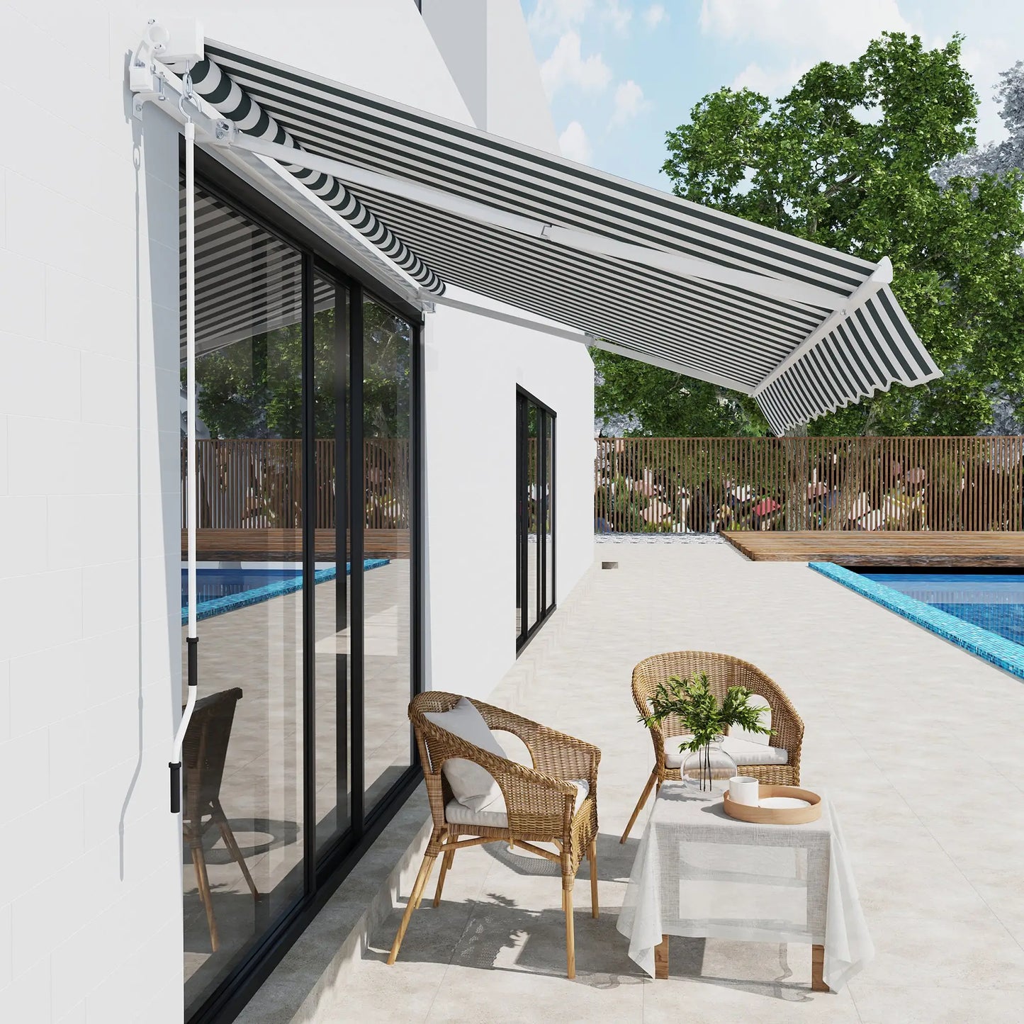 8' x 7' Retractable Awning, UV Water-Resistant Fabric, Aluminum Frame, Green White, Green, White Deck Awnings at Gallery Canada