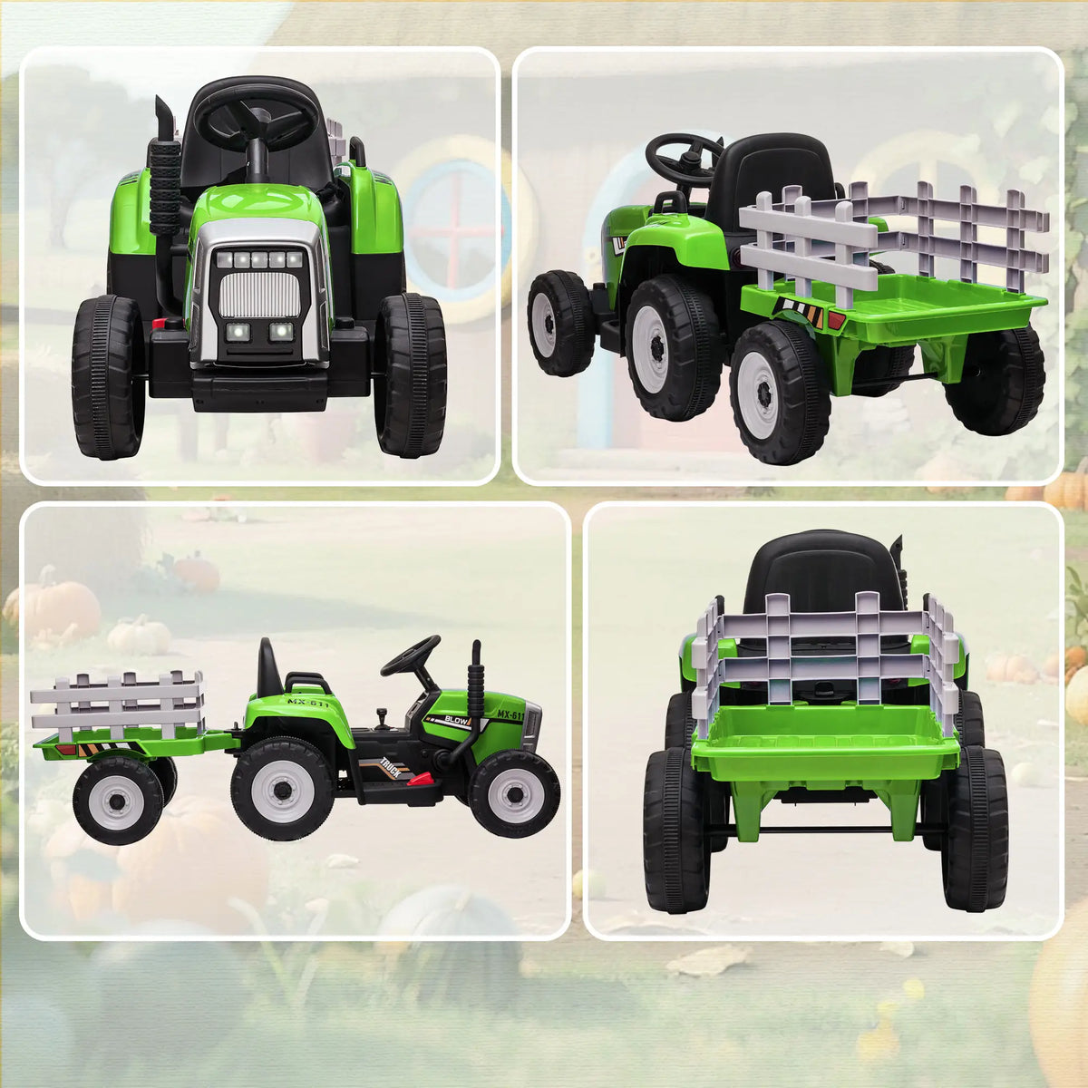 12V Kids Ride on Tractor with Trailer, Remote Control, Music, LED Lights, Green Electric Toy Cars at Gallery Canada
