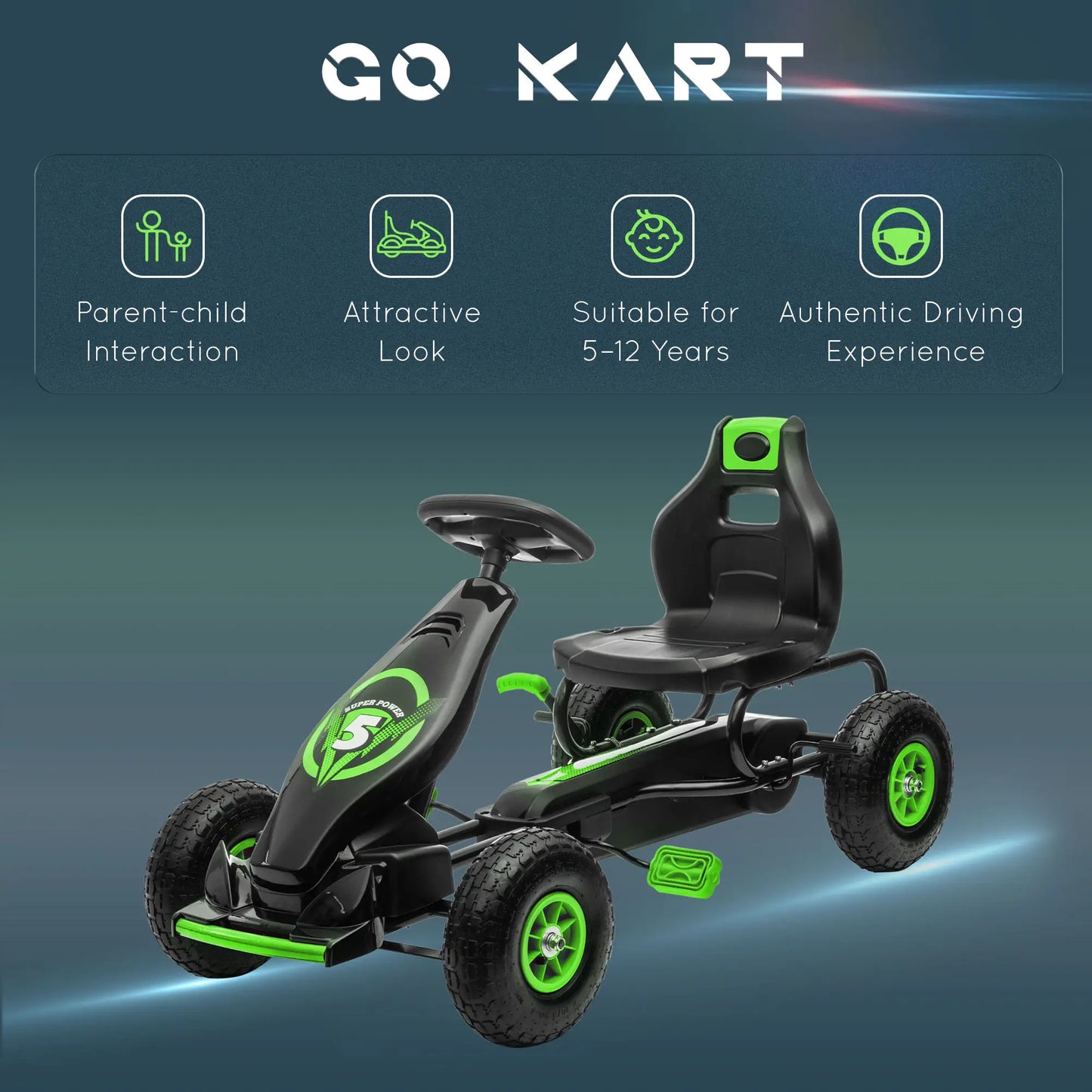 Adjustable Seat Pedal Go Kart, Rubber Wheels Shock Absorb, Green Pedal Go Karts for Kids at Gallery Canada