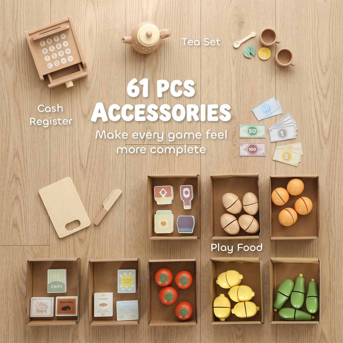 Ensemble de jeu d'épicerie en bois, 61 accessoires, nourriture jouet, caisse enregistreuse