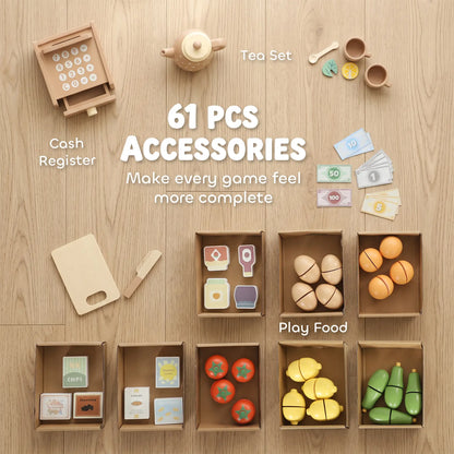 Ensemble de jeu d'épicerie en bois, 61 accessoires, nourriture jouet, caisse enregistreuse