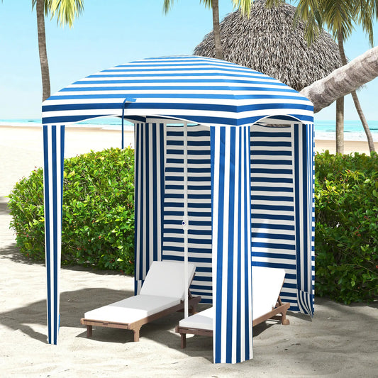 70.1" L x 70.1" W Cabana Umbrella With Walls, Vents, Ruffles, Carry Bag, Blue White Stripe