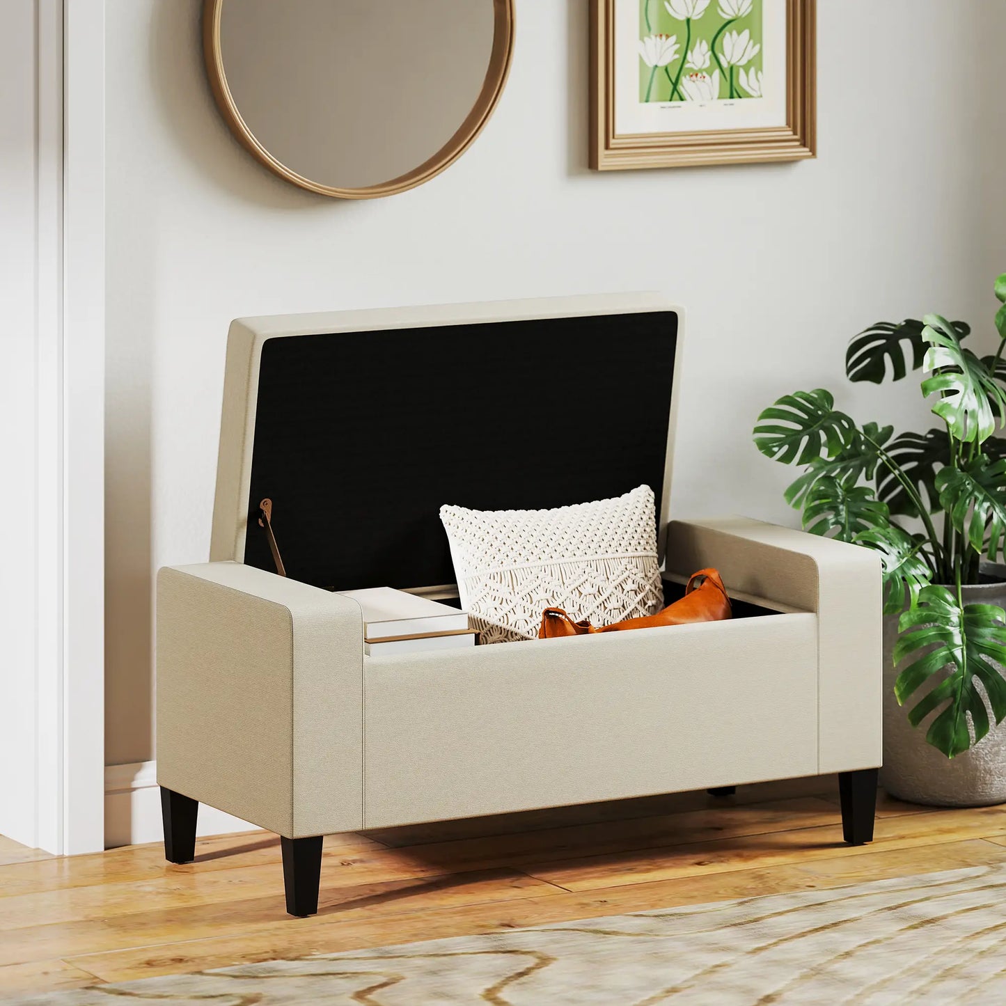 Storage Ottoman Bench, Tufted Linen Fabric, Flip Top, Beige Storage Ottomans & Benches at Gallery Canada
