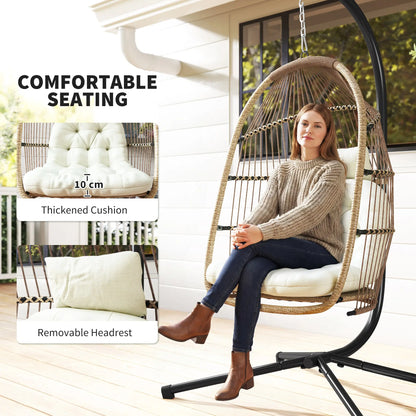 Foldable Wicker Egg Swing Chair, With Stand And UV Cushion, Beige Patio Chairs at Gallery Canada