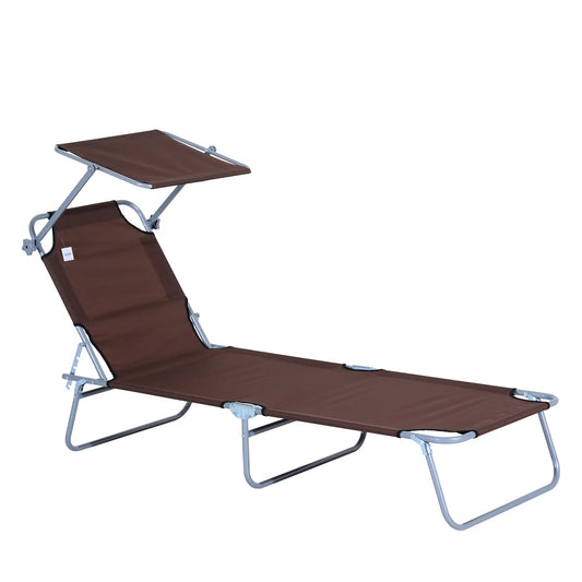 Adjustable Folding Chaise Lounge, Outdoor Tanning Chair with Sun Shade, Brown Lounger Chairs Brown at Gallery Canada