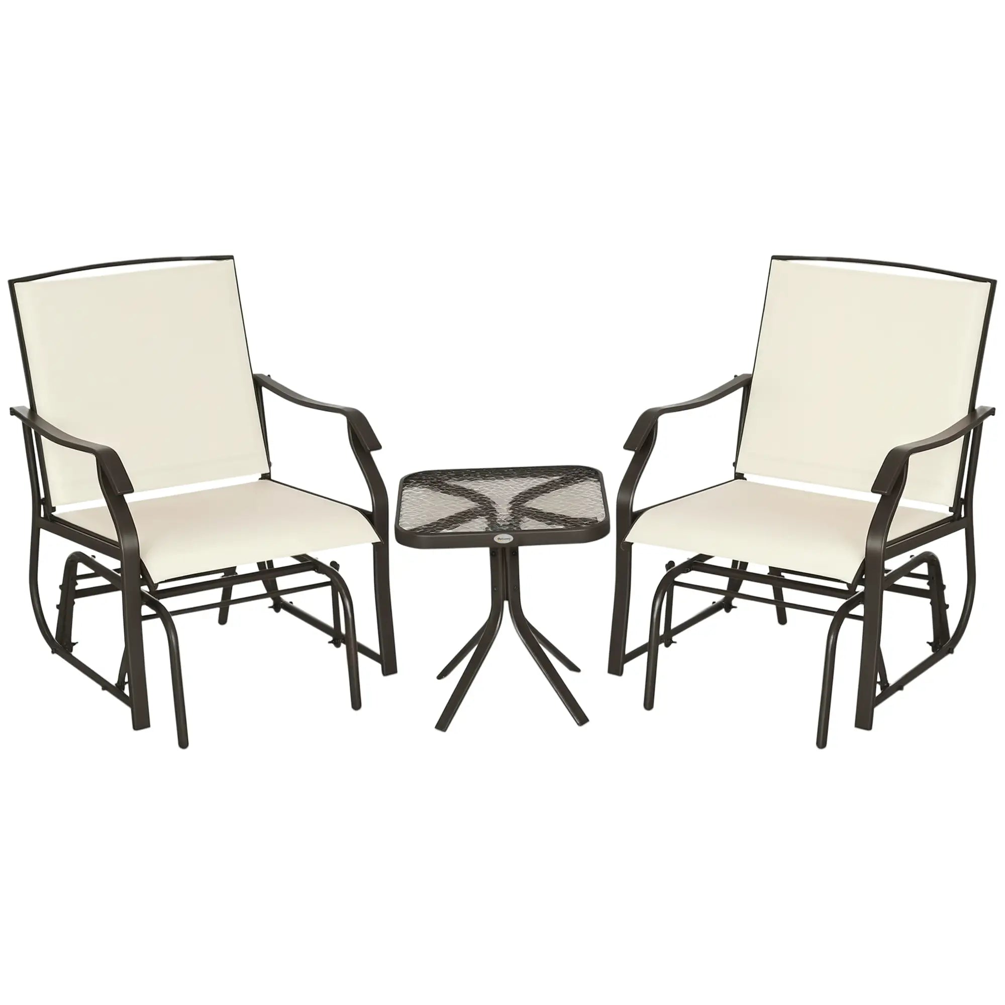 3 Piece Patio Glider Set, Breathable Mesh Seat, Glass Top Table, Cream White Outdoor Gliders at Gallery Canada