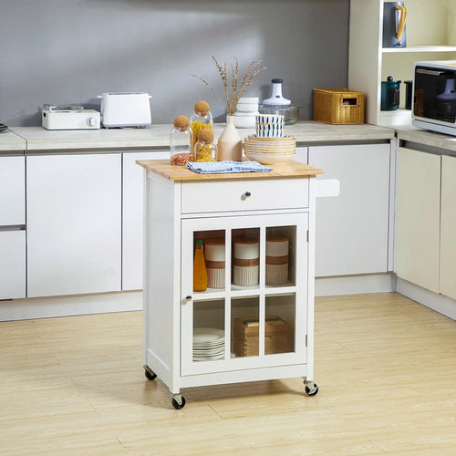 Rolling Kitchen Cart, Drawer Glass Door Cabinet, Island on Wheels, White