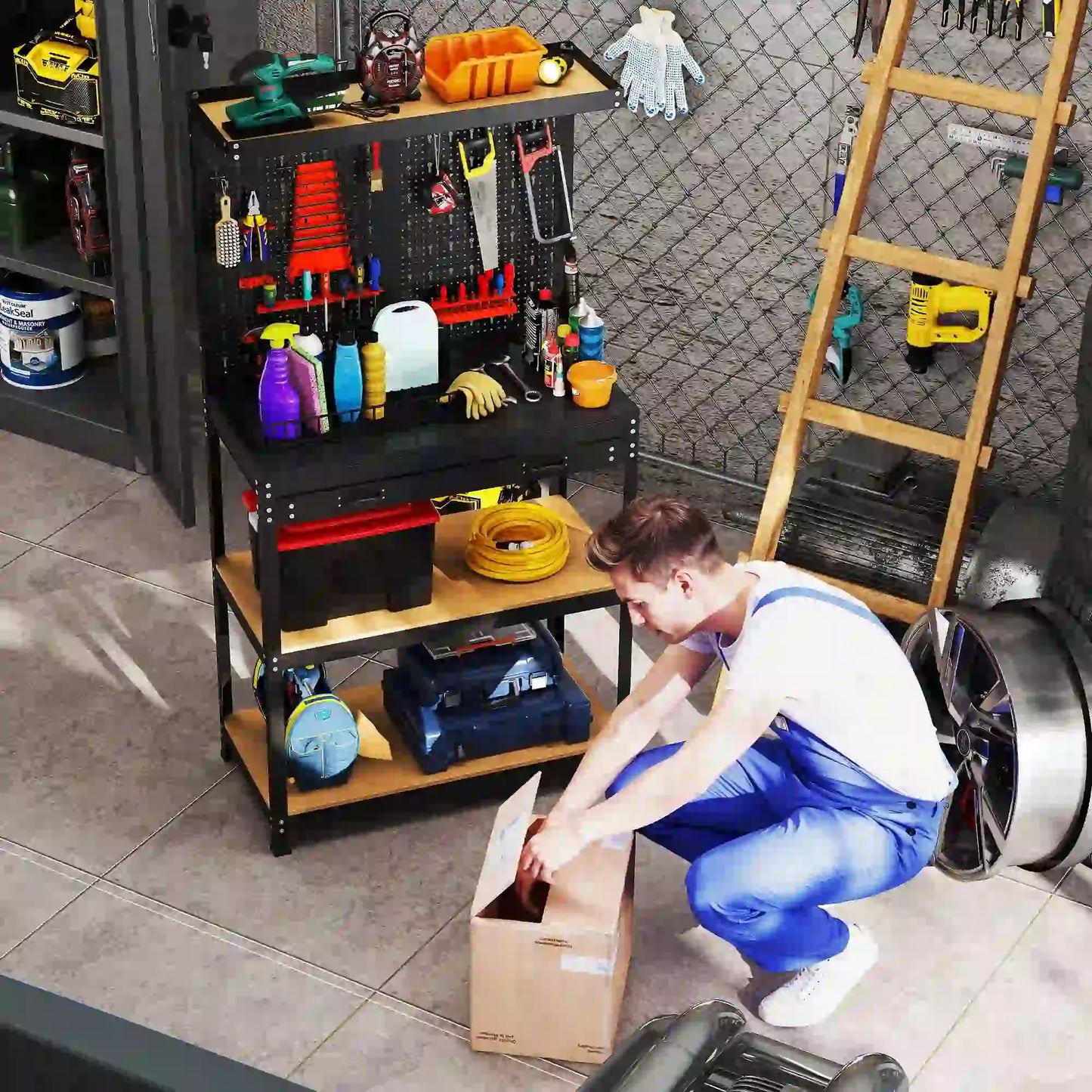 31.5 Inch Workbench with Pegboard, 2 Shelves, Drawer, Black Tool Organizers at Gallery Canada