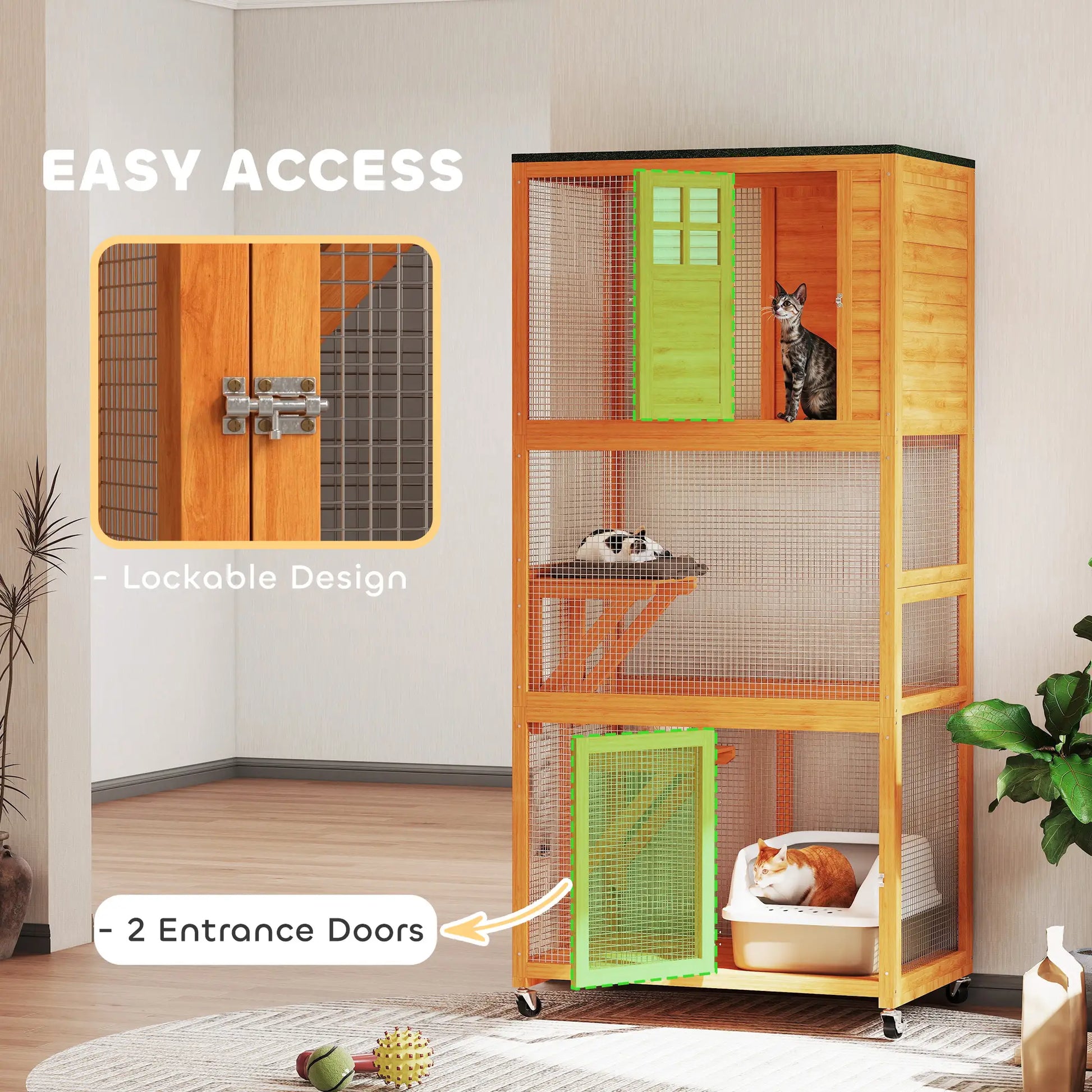 74" Wooden Outdoor Cat House, Weatherproof, Wheeled, High Weight Capacity, Orange Outdoor Cat Enclosures at Gallery Canada