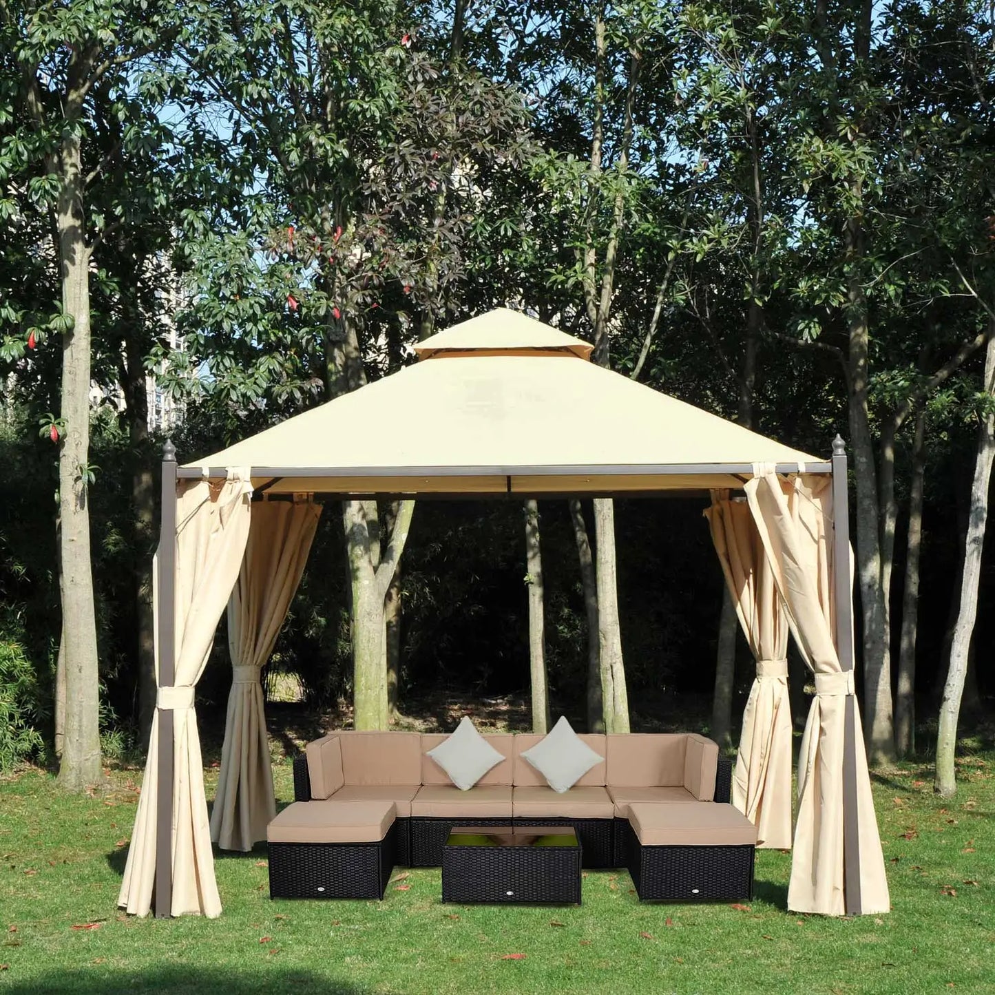 10x10ft Gazebo Canopy, Garden Shelter, Sun Shade with Curtains, Beige Gazebos at Gallery Canada