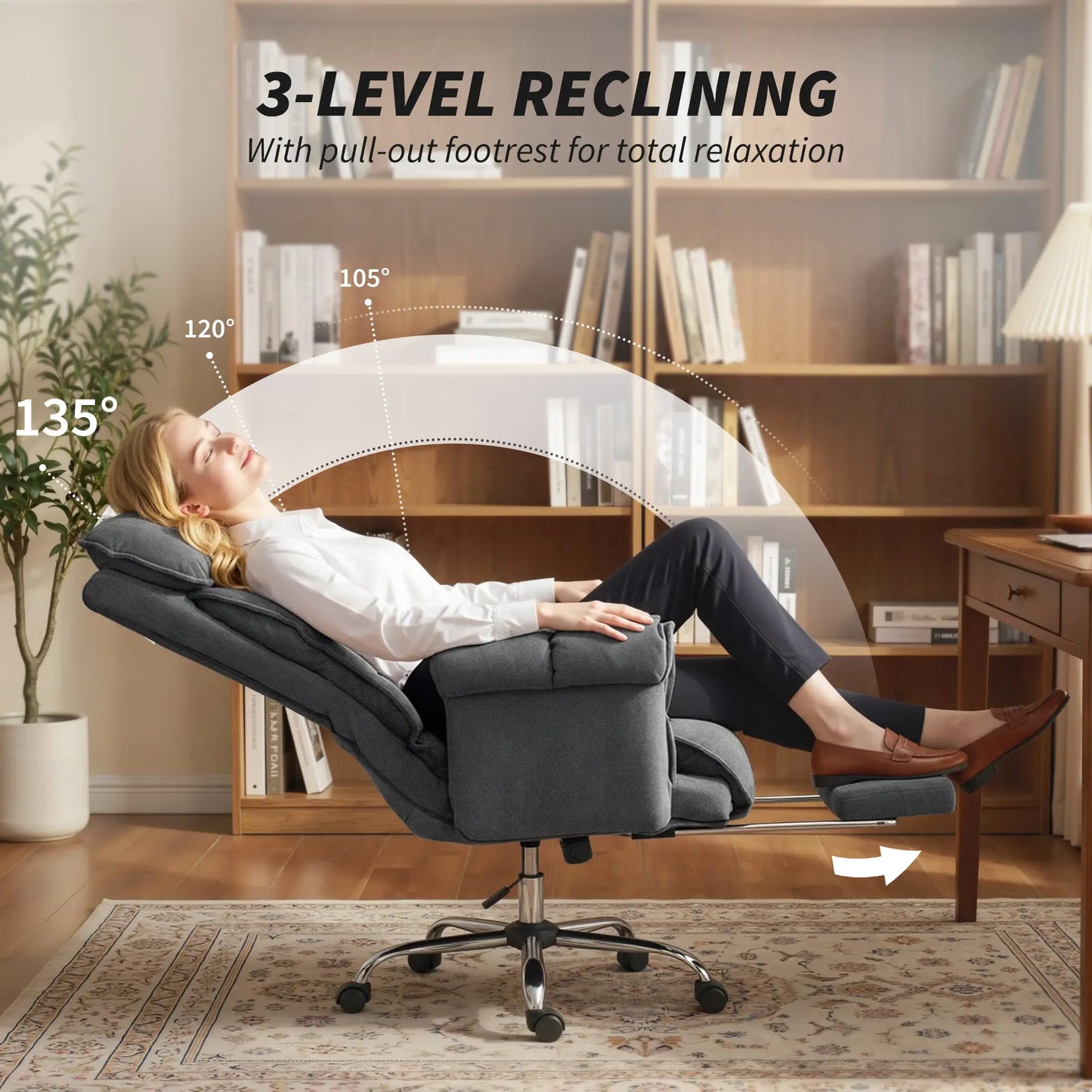 Computer Office Chair with Footrest, Adjustable Backrest, Dark Grey