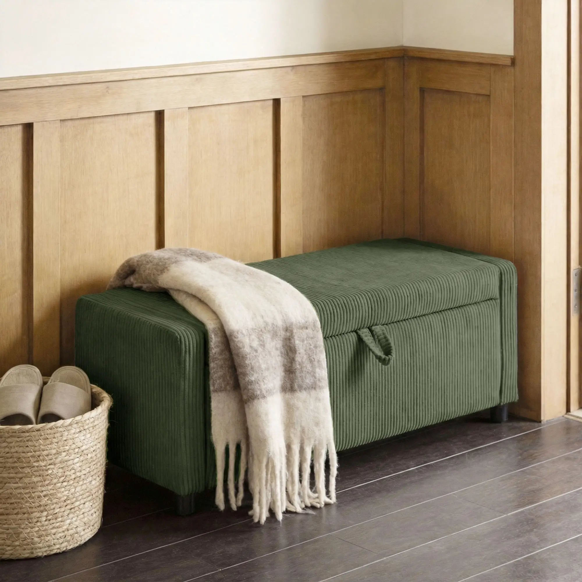 Storage Ottoman, Upholstered Corduroy Bench, Dark Green Storage Ottomans & Benches at Gallery Canada