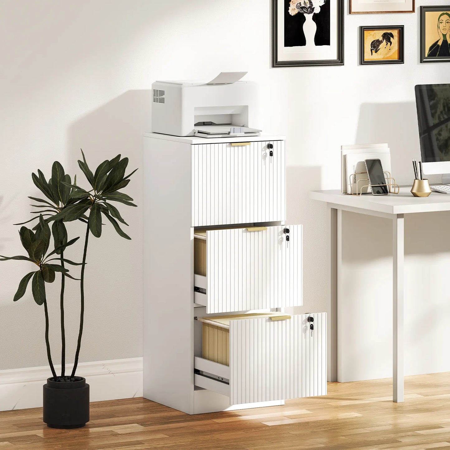 Lockable Filing Cabinet, 3 Fluted Drawers, Adjustable Hanging Rails, White Office Cabinets & Cupboards at Gallery Canada