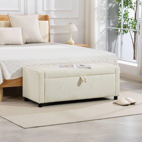 Storage Ottoman, Upholstered Corduroy Bench, Beige