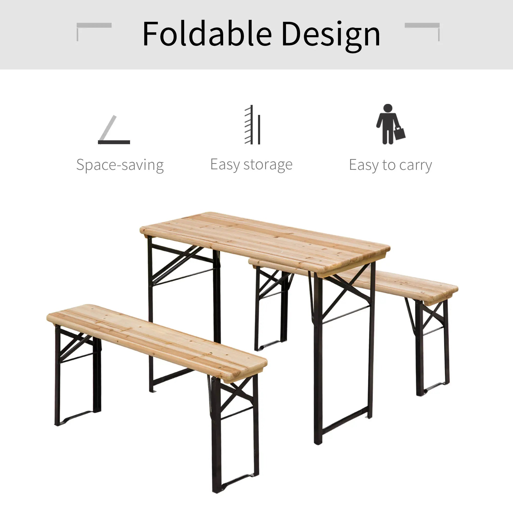 3 Piece Folding Picnic Table Set, Steel Frame, Natural Wood Bistro Sets at Gallery Canada