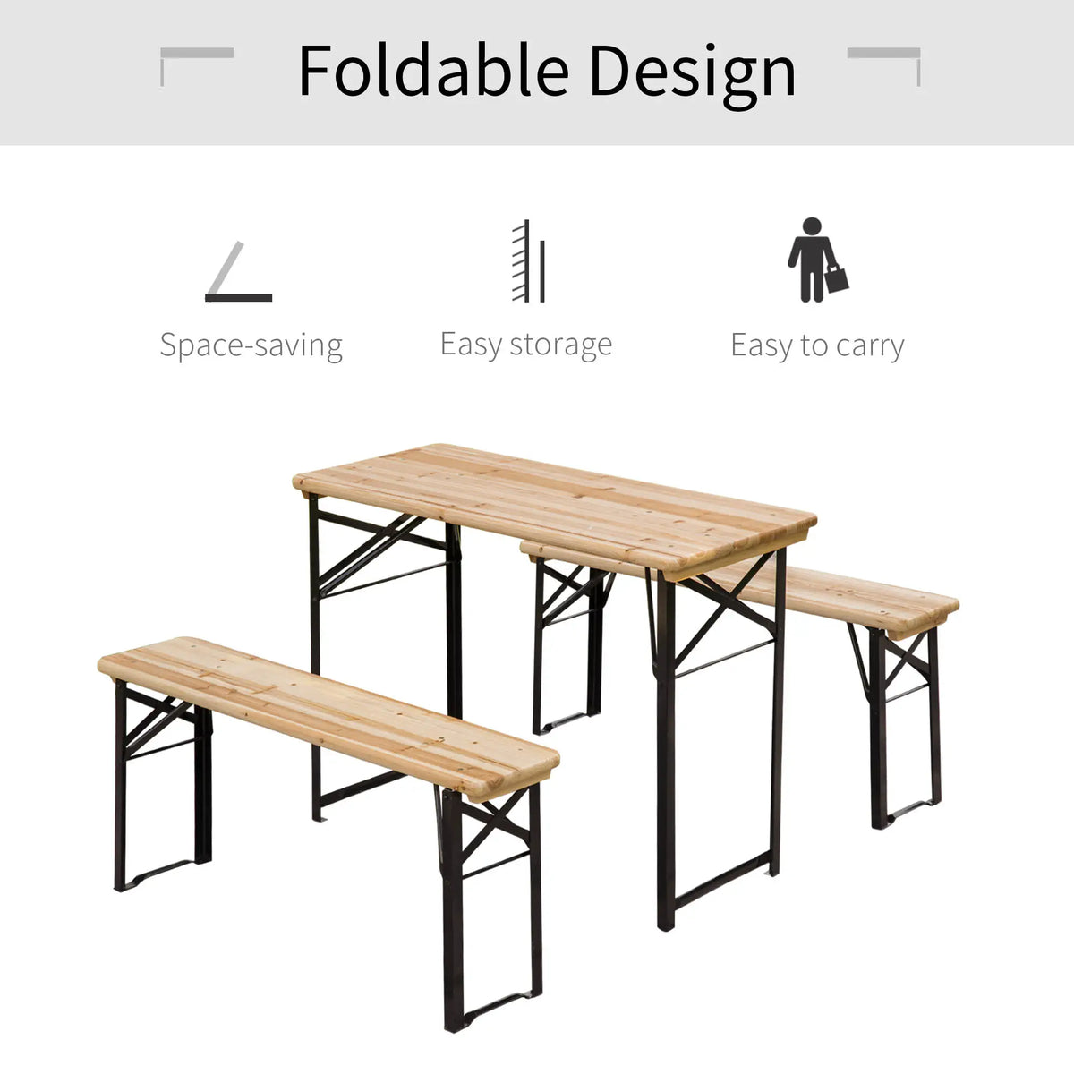 3 Piece Folding Picnic Table Set, Steel Frame, Natural Wood Bistro Sets at Gallery Canada