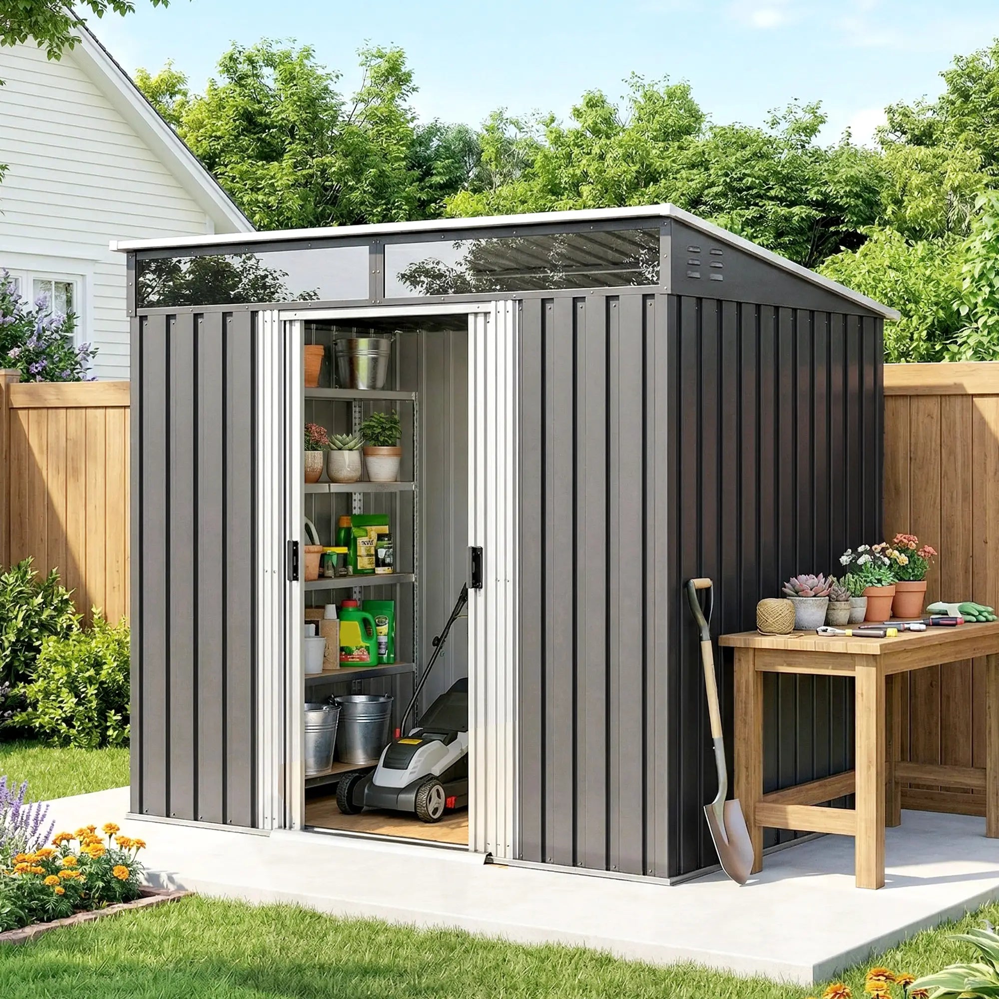 6.5x4FT Galvanised Metal Shed, Foundation Kit, Lockable Garden Storage, Sliding Doors, Vents, Grey Sheds at Gallery Canada