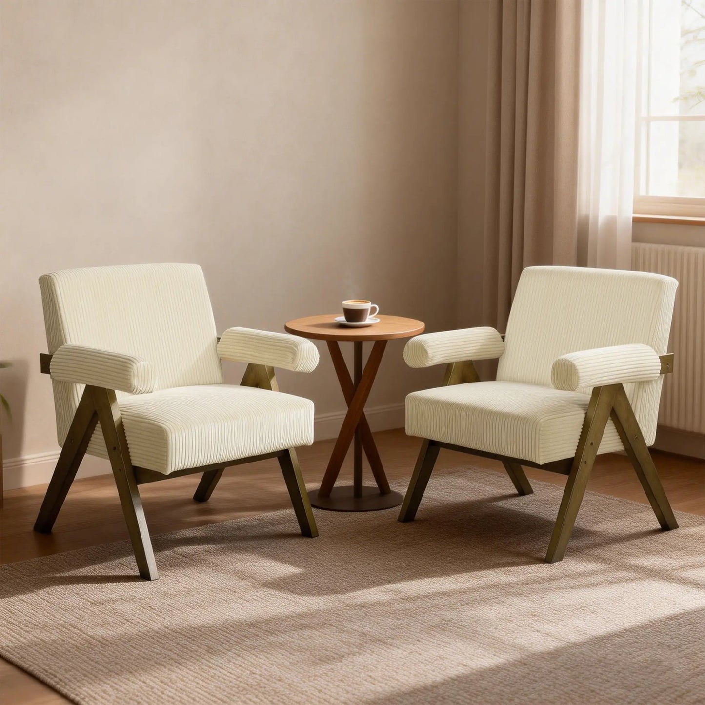 Corduroy Accent Chair, Wide Seat, Soft Padded Armrests, Beige Accent Chairs at Gallery Canada