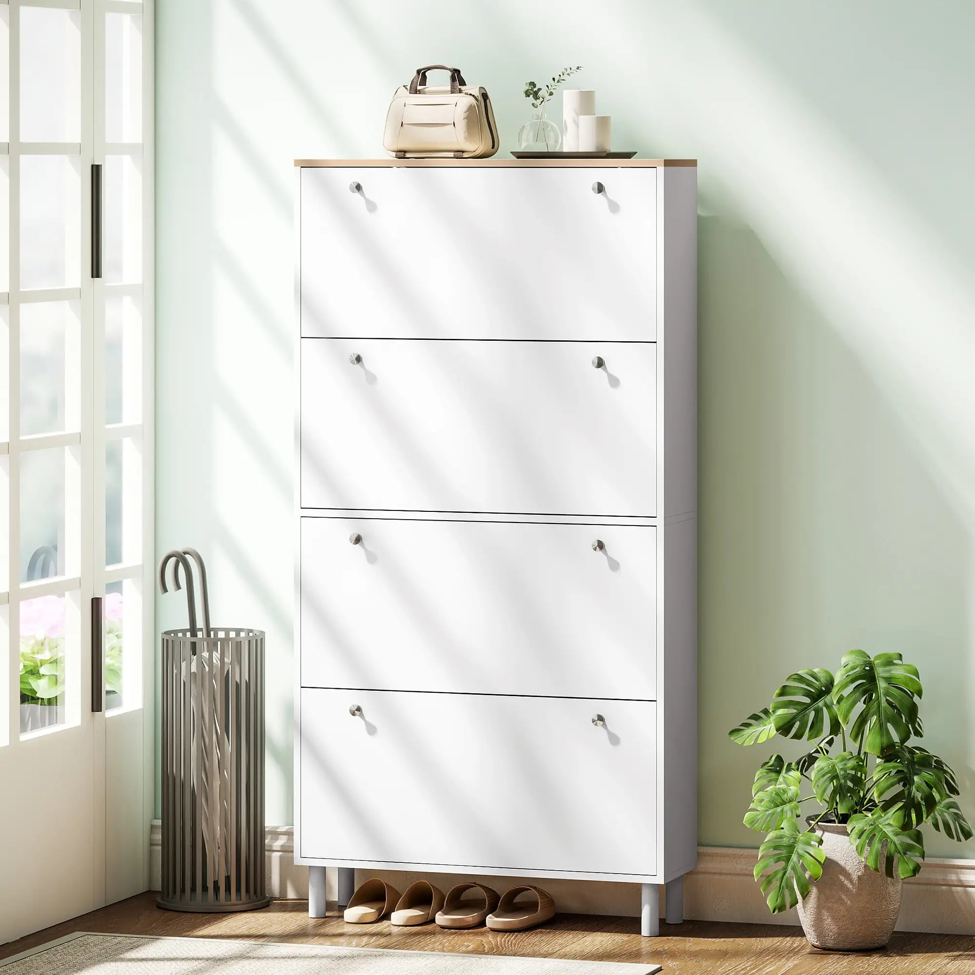 Narrow Shoe Cabinet, 4 Flip Drawers, Adjustable Shelves, Holds 24-32 Pairs, White Shoe Storage Cabinets & Racks at Gallery Canada
