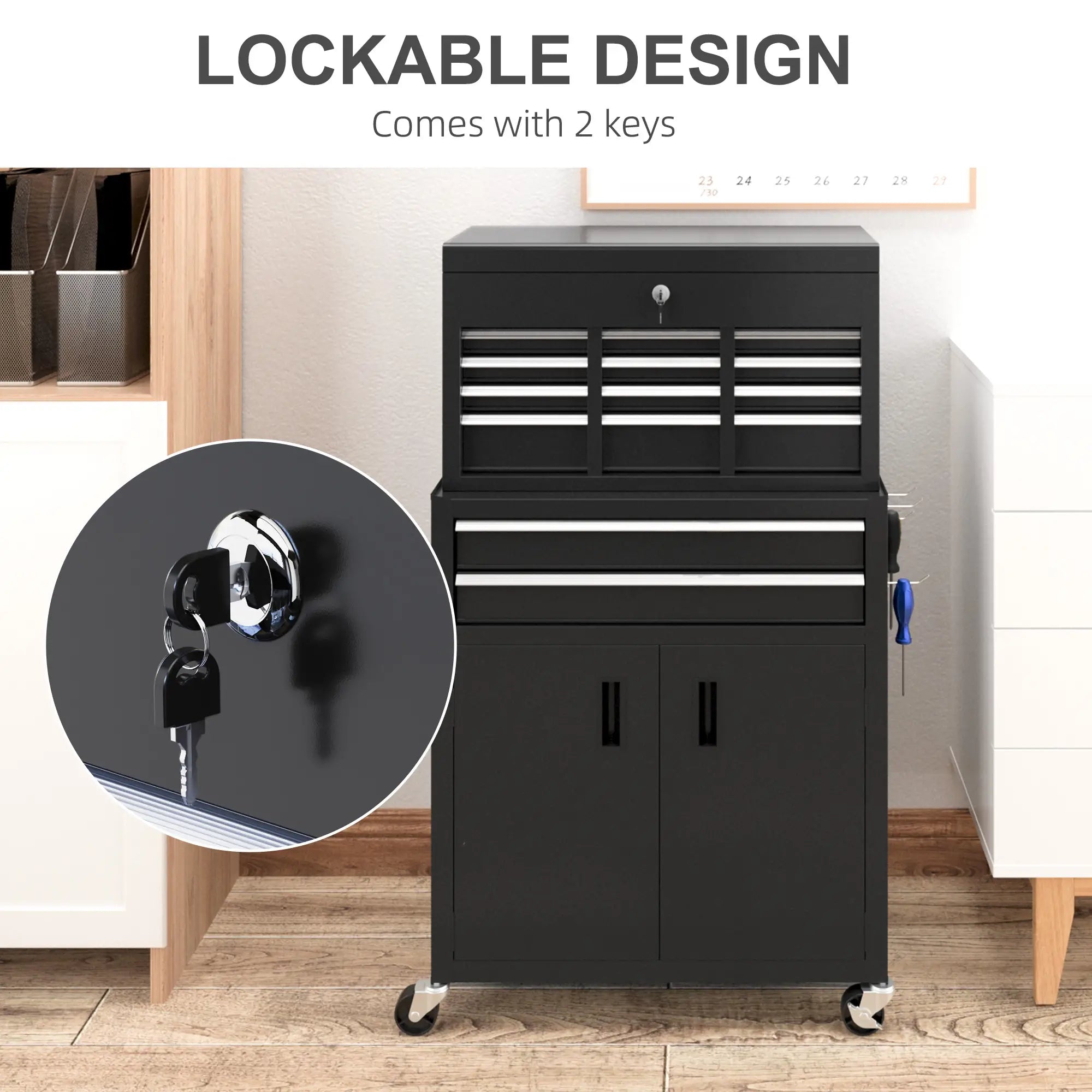 6-Drawer Rolling Tool Chest, Lockable Storage Cabinet with Hooks, Black Tool Organizers at Gallery Canada