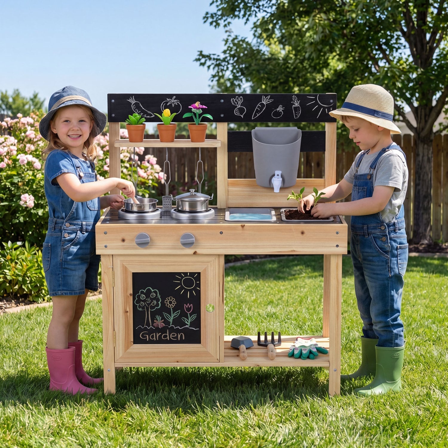 Kids Mud Kitchen Playset, Outdoor Play Kitchen, 2 Removable Sinks, Natural Play Kitchen Sets at Gallery Canada