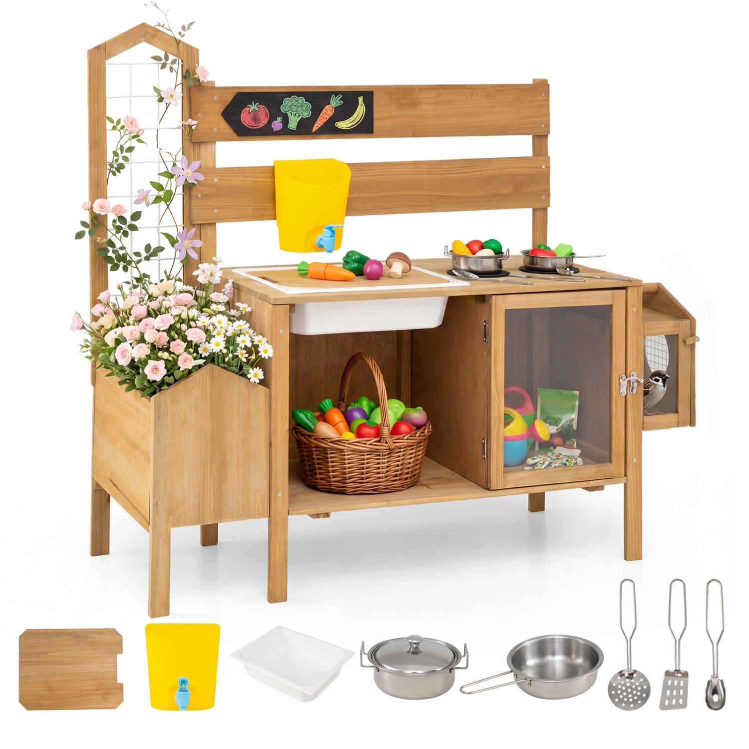 Mud Kitchen for Kids with Detachable Bird Cage and Stoves, Natural Play Kitchen Sets Natural at Gallery Canada