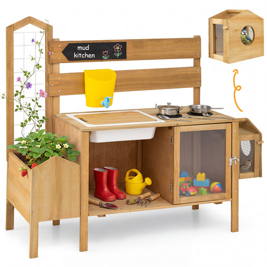 Mud Kitchen for Kids with Detachable Bird Cage and Stoves, Natural Play Kitchen Sets Natural at Gallery Canada