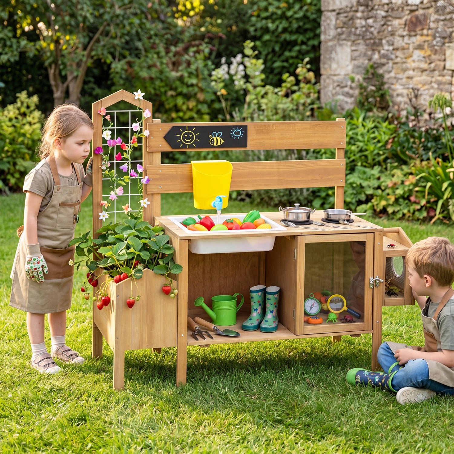 Mud Kitchen for Kids with Detachable Bird Cage and Stoves, Natural Play Kitchen Sets at Gallery Canada