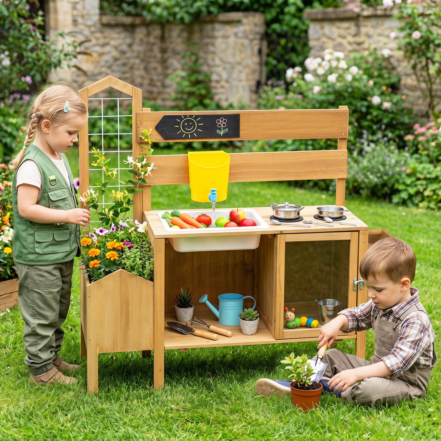 Mud Kitchen for Kids with Detachable Bird Cage and Stoves, Natural Play Kitchen Sets at Gallery Canada